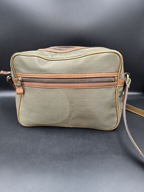 Textured Neutral Crossbody Bag with Brown Trim